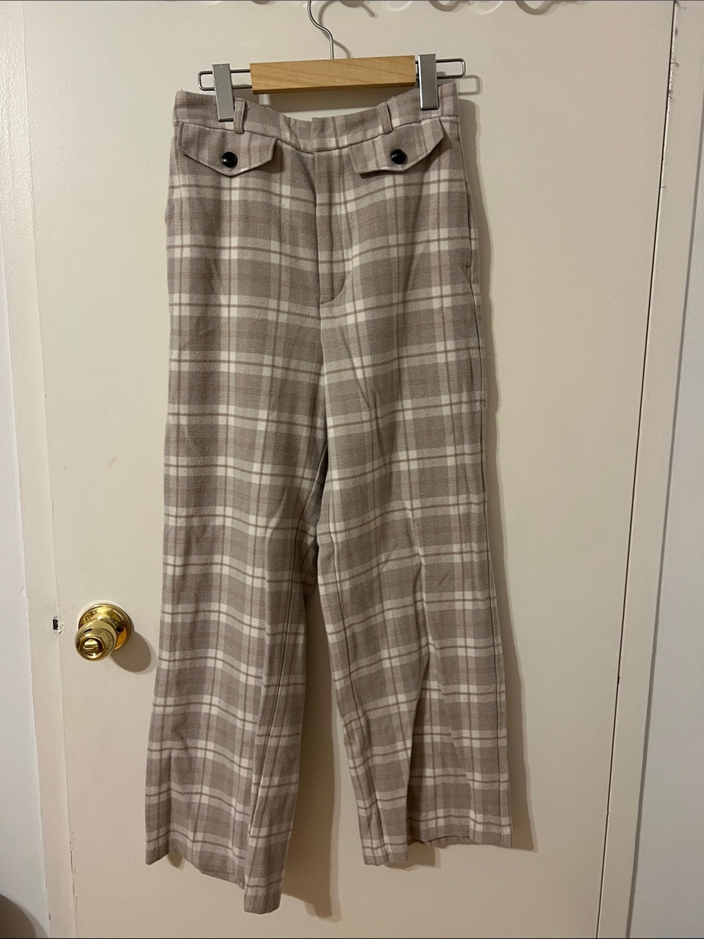 High-Rise Plaid Wide-Leg Trousers in Beige and Cream